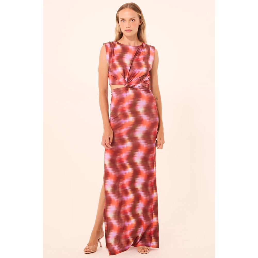 NWT MISA Los Angeles Yvette Cut-Out Maxi Dress Wave Print Red Pink Size XS